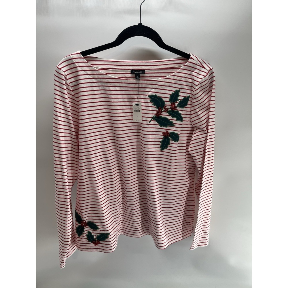 NWT Talbots EMBROIDERED BATEAU NECK TEE - HOLLY BERRY Red & White STRIPE L Xmas